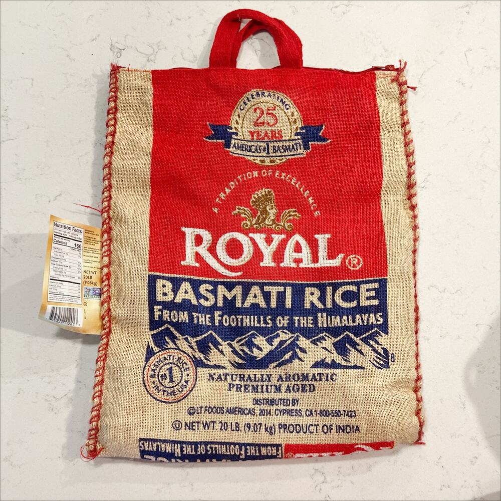 New Royal Basmati Rice 25th Anniversary 20lb Burlap Zippered Sack, no rice